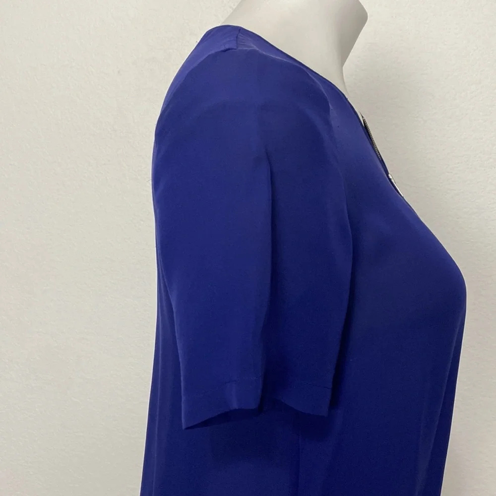 The Kooples Blue 100% Silk Preppy V-Neck Short Sleeve Coastal Blouse Size M - Picture 6 of 9